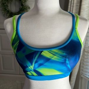 Blues and neon green sports bra.